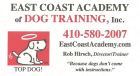 East Coast Academy of Dog Training Inc., housebreaking, jumping, mouthing, destructiveness, pulling, etc.